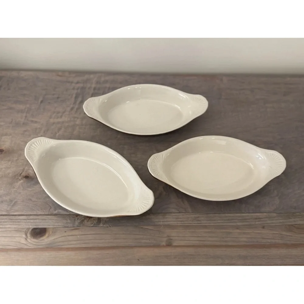 VTG HALCO Korea Ceramic Oval Au Gratin Baking Dish Set Brown Cream Oven Safe 3PC
